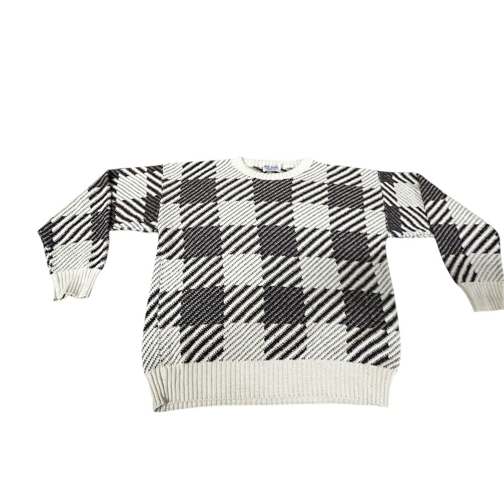 Vintage 90's‎ 3D Knit Sweater Mens Large White Black Geometric Made In USA